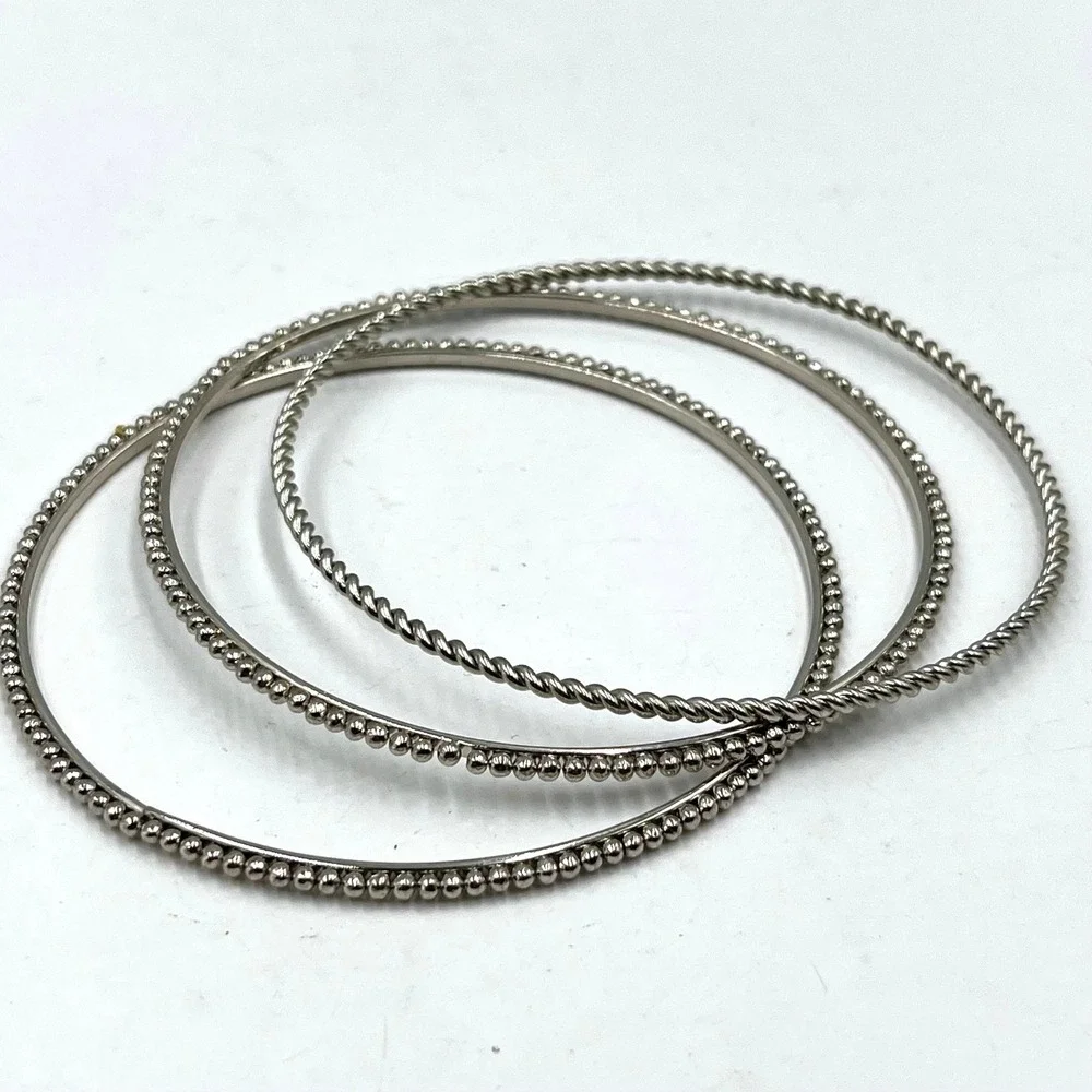 Vintage Silver-Tone Stacking Bangle Bracelets Set 3 Twisted Beaded Plain Texture